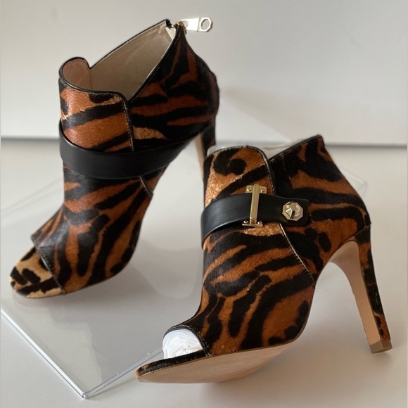 Women's Leopard Fur Ankle Bootie Stiletto Platform Pumps Heels Open Toe, Sz 6.5M - Picture 8 of 10